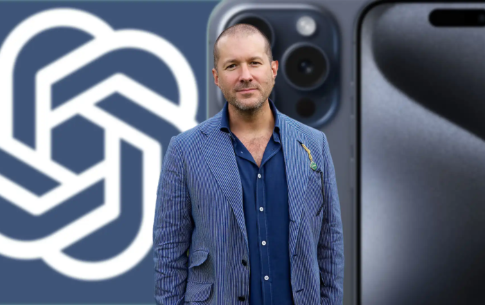 Una fotografia di Jony Ive e logo OpenAI