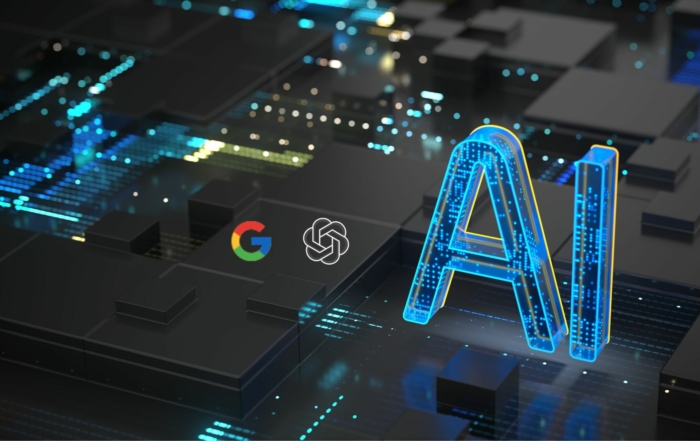 Scheda computer e logo Google e OpenAI