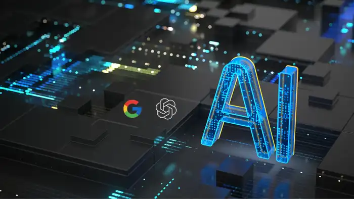 Scheda computer e logo Google e OpenAI