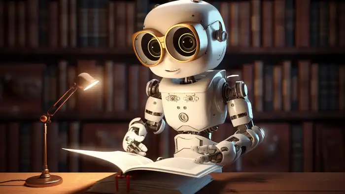 un robot in una biblioteca che legge un libro