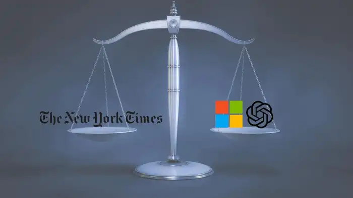 una bilancia con loghi di NYT microsoft e OpenAI