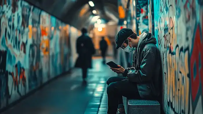 giovane seduto in un tunnel della metro con smartphone