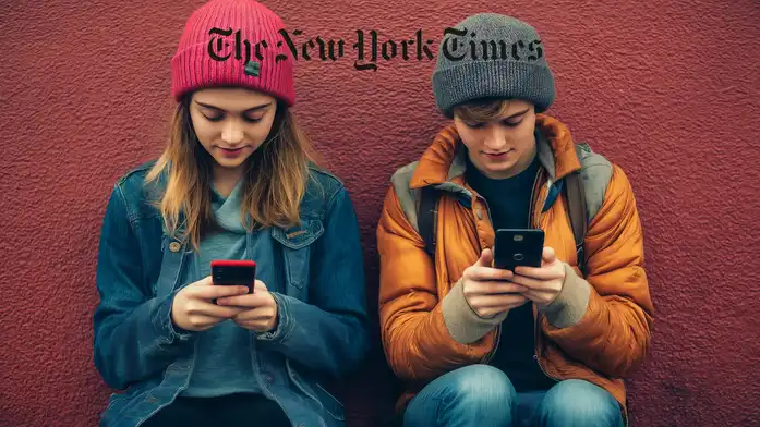 due ragazzi che usano lo smartphone e logo del New York Times